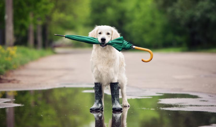 A Golden Retriever holds a green umbrella in his mouth. He is wearing rain boots and standing in a puddle on a country road.
