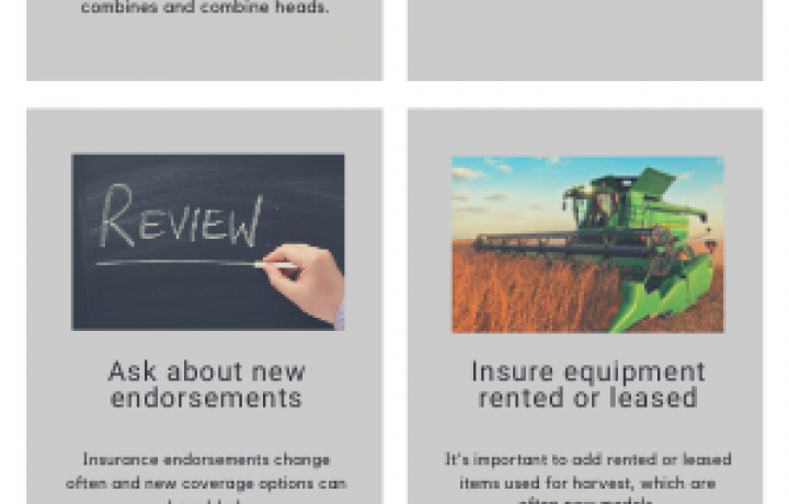 This green, gray and white square infographic shares 4 reasons to review your farm policy before harvest; includes pictures of a grain auger, tractor and combine.