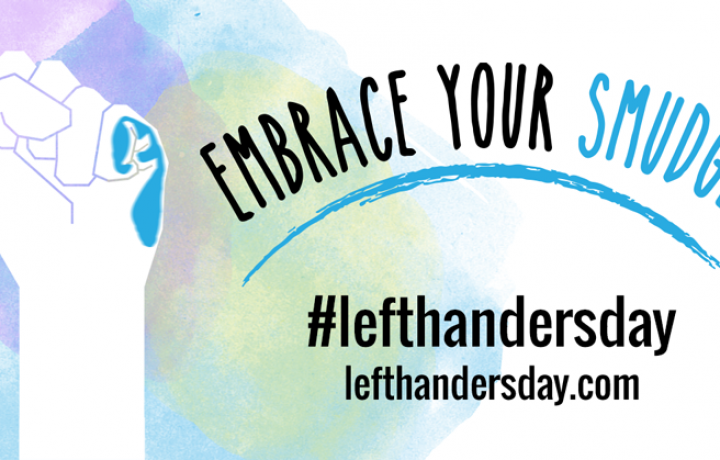 This colorful pastel graphic shows a raised left hand with the text: Embrace the Smudge. It honors Left-handers Day' on Aug. 13.