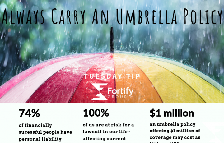This colorful graphic shows a rainbow-tinted umbrella top with stats about the need for a personal umbrella policy. The picture says 'Some Rain Can't Be Forecasted'.