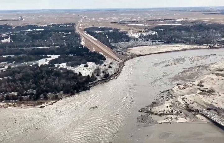 A swollen river in Nebraska destroys a wide swath alongside its banks in this overshot from March of 2019