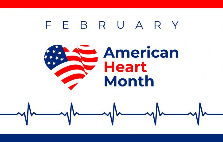A red, white and blue banner contains a heart and a pulse graph for American Heart Month (February).