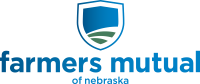 The logo for Farmers Mutual of Nebraska. It has blue and green colors and includes a shield with an abstract image of a field.