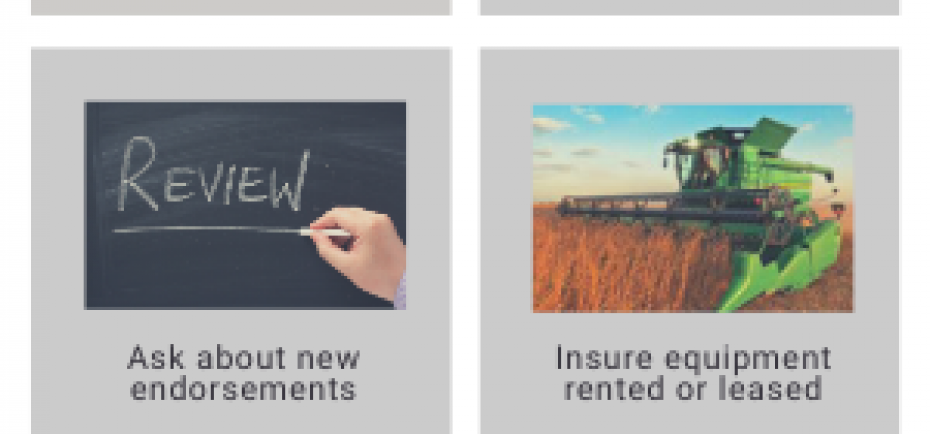 This green, gray and white square infographic shares 4 reasons to review your farm policy before harvest; includes pictures of a grain auger, tractor and combine.