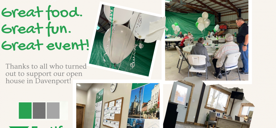 This photo collages shows pictures of visitors at Fortify Group's recent open house in Davenport. Green-and-white balloons and the new offices spaces are also pictured.