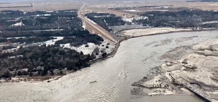 A swollen river in Nebraska destroys a wide swath alongside its banks in this overshot from March of 2019