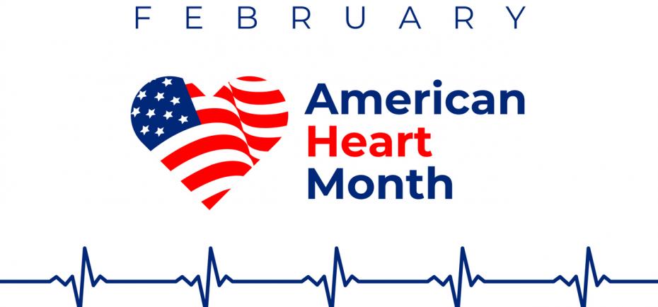 A red, white and blue banner contains a heart and a pulse graph for American Heart Month (February).