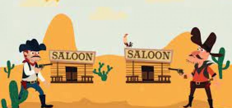 This cartoon image depicts two cowboys in a gun fight in front of a saloon in the desert-scape of the Wild West.