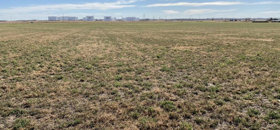 This open land for sale near Geneva is pictured in fall, bare of crops. The white tanks of the nearby company NuStar are pictured in the far background.