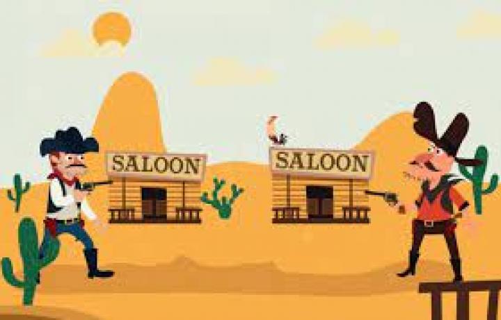This cartoon image depicts two cowboys in a gun fight in front of a saloon in the desert-scape of the Wild West.