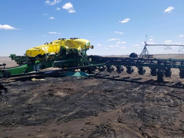 The fire destroyed this 24-row John Deere planter.