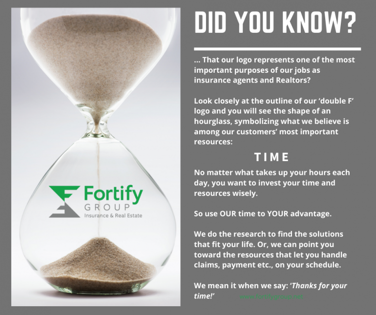 A large clear glass hourglass is pictured with sand just starting to drain through. It accompanies info on how Fortify Group agents help customers save time.