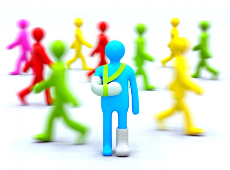 This colorful illustration depicts people as small plastic figures in various colors. In the foreground in blue, the figure wears an arm and foot cast to illustrate disability insurance.