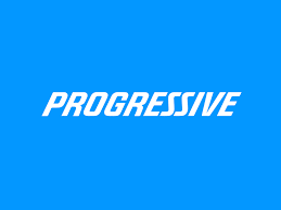 The Progressive logo is pictured - a solid blue box with progressive in white, italic letters in the middle. All uppercase.