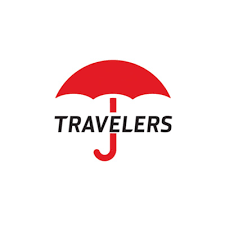 The Travelers logo is pictured - a red umbrella with the word Travelers (uppercase) written horizontally crossing the umbrella handle.